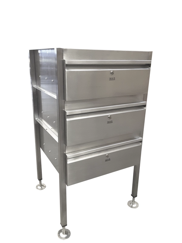 Stainless steel 3 drawer stack lockable.